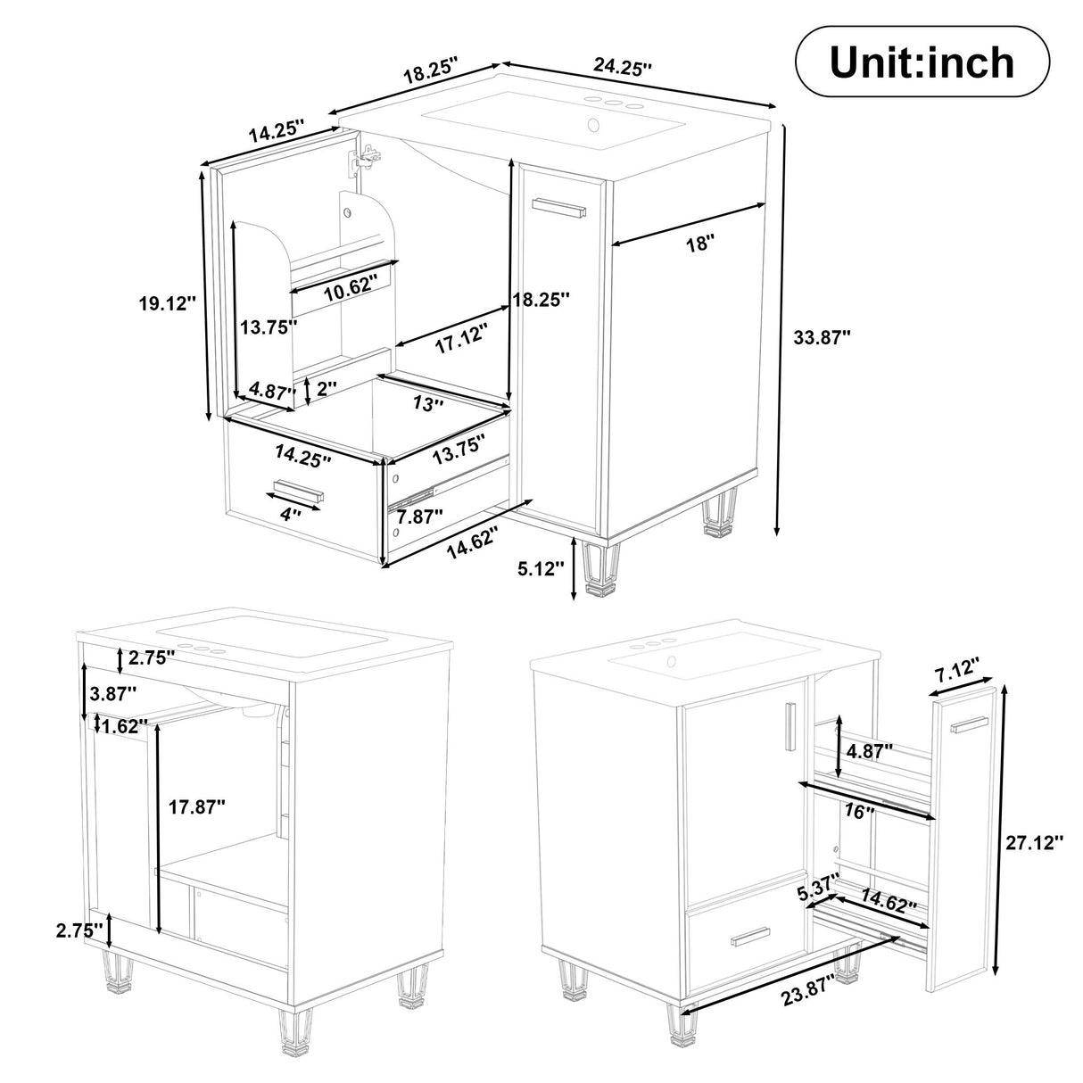 Bathroom Vanity With Sink, Deep Drawer And Pull Out Basket, Rectangular Design - Black