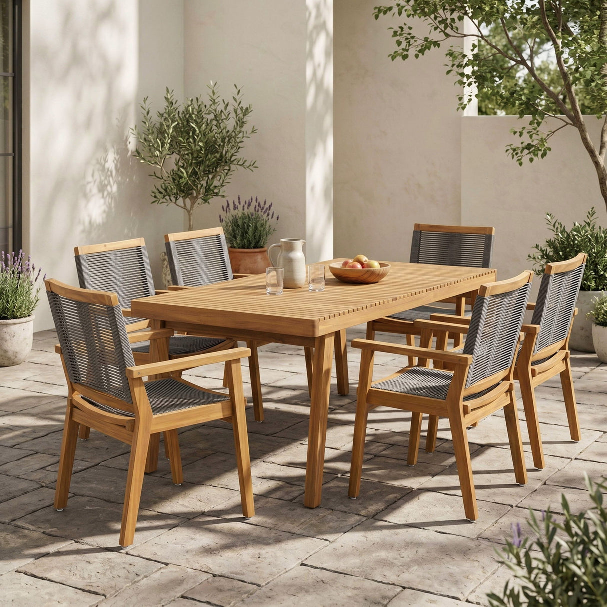 7 Piece Outdoor Patio Dining Set With Table And 6 Arm Chairs - Brown / Dark Gray / Teak