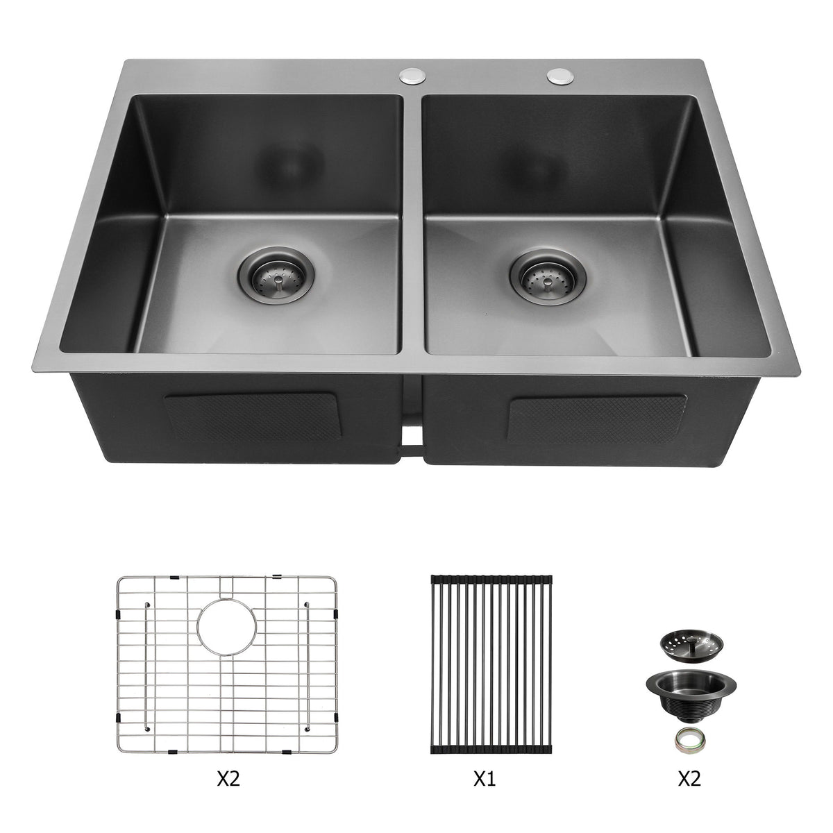 Double Bowl Drop In Kitchen Sink 33" X 22" With 16 Gauge Stainless Steel And 2 10" Deep Basins - Gunmetal Black