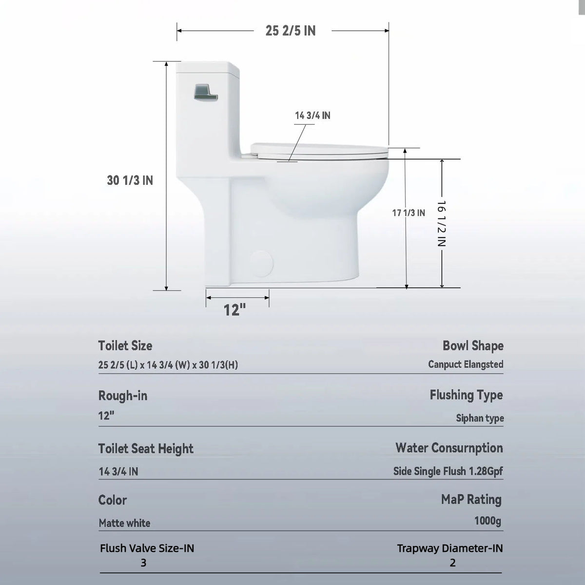 Gloss Tornado Flush 1 Piece Elongated Toilet With Siphonic Side Press, ADA Comfort Chair Height - Gloss White