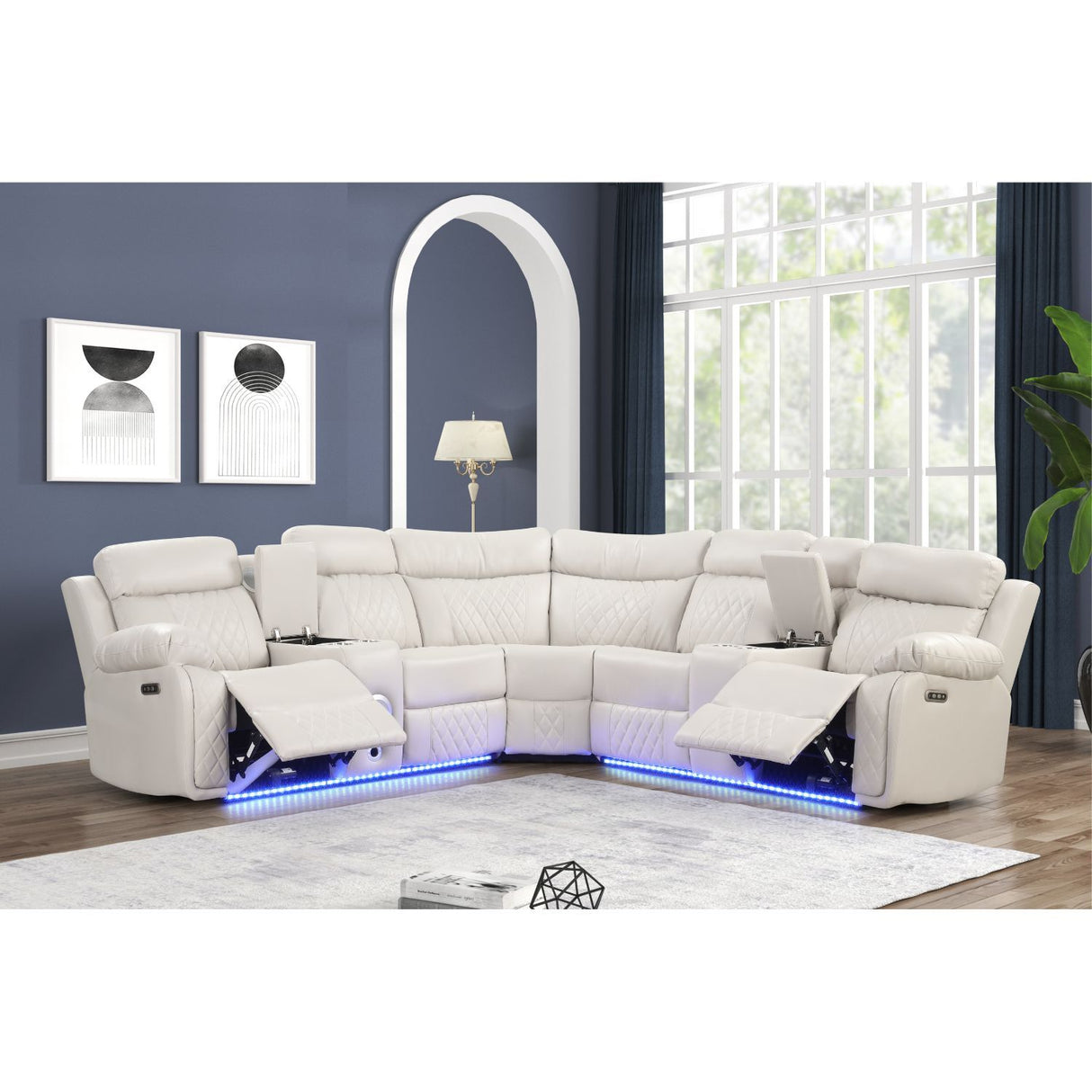 Lacrosse - Power Reclining Sectional Sofa & Bluetooth Speakers, LED Lights, Console Storage, Cup Holders And USB Charging - Beige