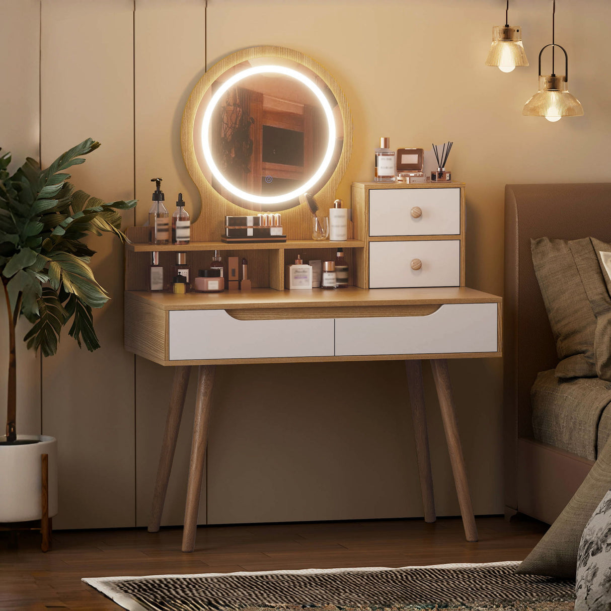 Elegant Makeup Vanity Desk With Adjustable Lighted Mirror Table Feet - American White Oak