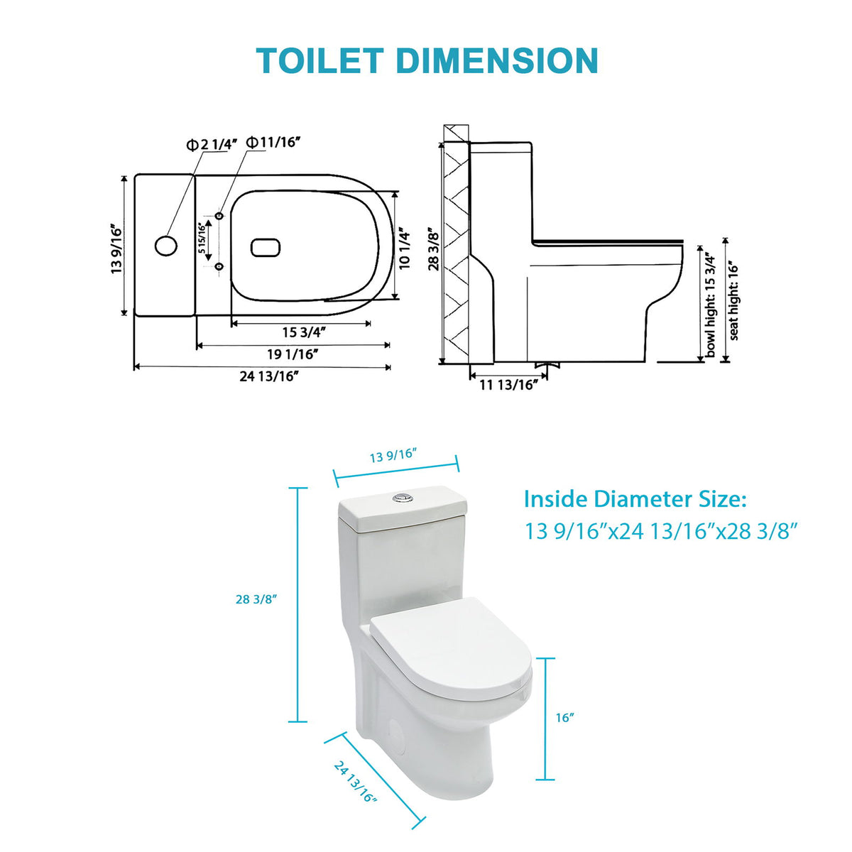 1 Piece Toilet For Bathroom, Dual Flush 1.1 / 1.6 Gpf, Soft Closing Seat - White