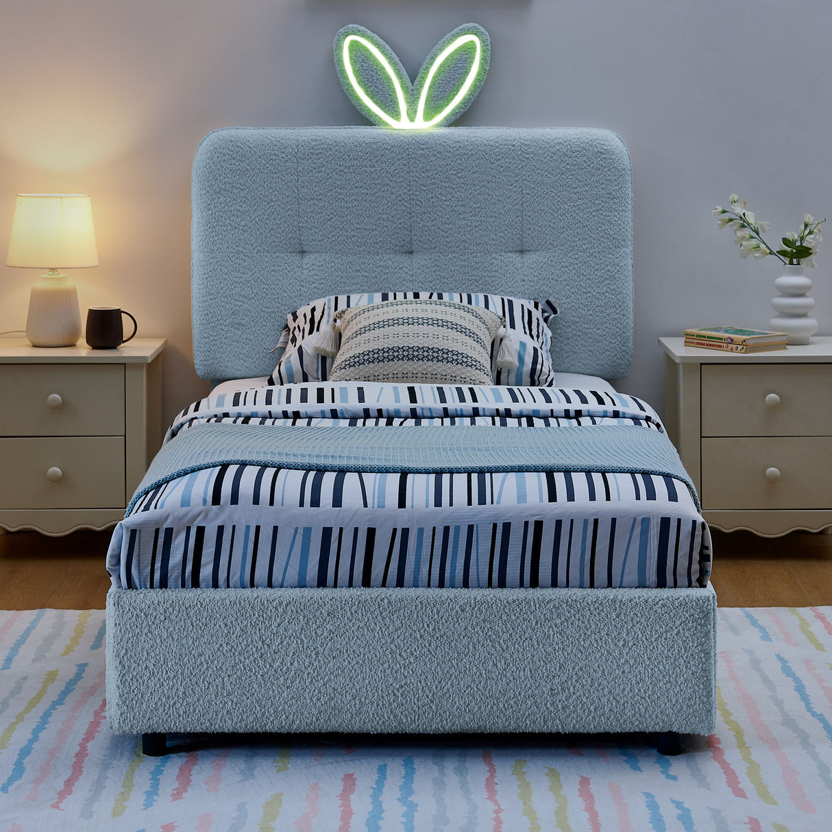 Upholstered Bed With Oversized Rabbit Ear Headboard, LED Lights & 4 Storage Drawers