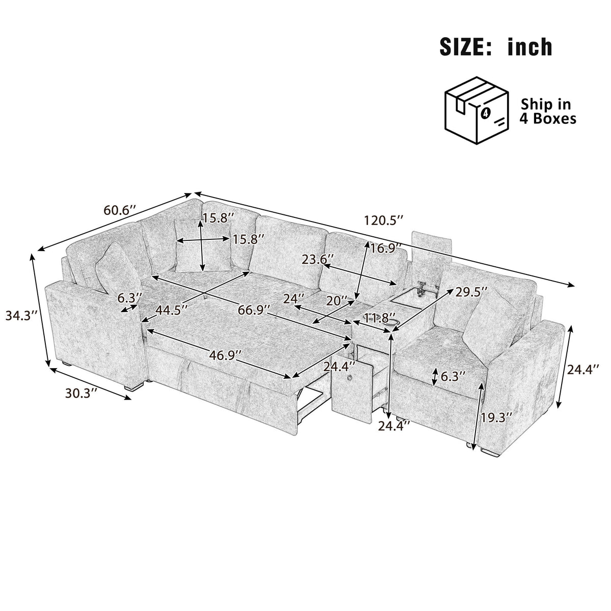 Modular L-Shaped Sectional Sofa Bed With Pull-Out Sleeper, Cup Holders, And Storage