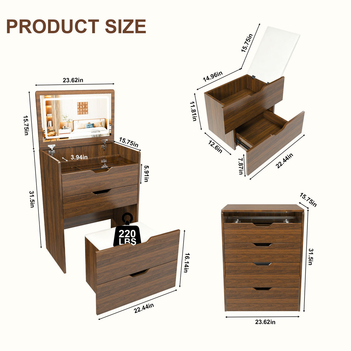 Vanity Desk With Lighted Mirror & Stool