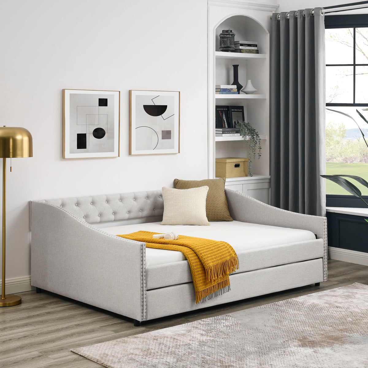 Upholstered Tufted Daybed With Drawers, Waved Arms