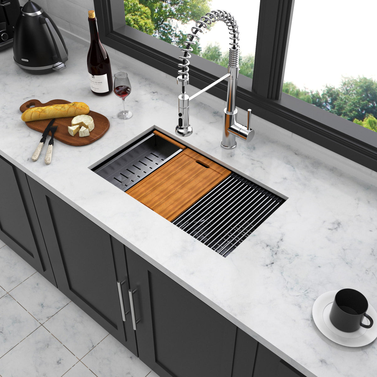 Workstation Kitchen Sink 30" X 18" X 10" Single Bowl Undermount 16 Gauge - Gunmetal Black