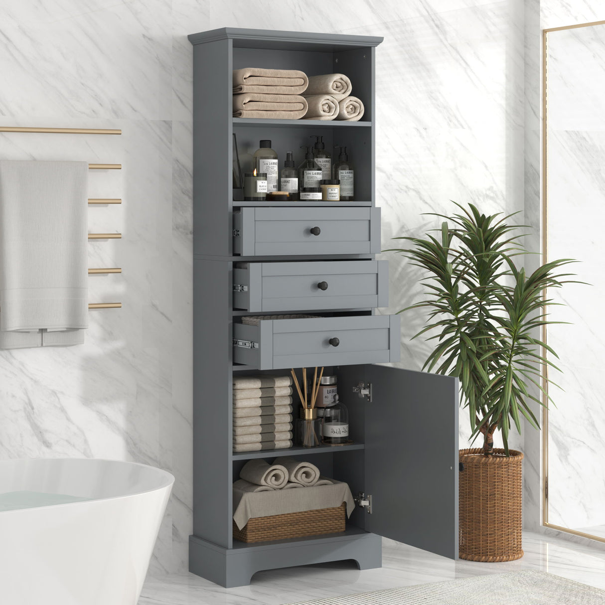 Tall Storage Cabinet With 3 Drawers And Adjustable Shelves For Bathroom