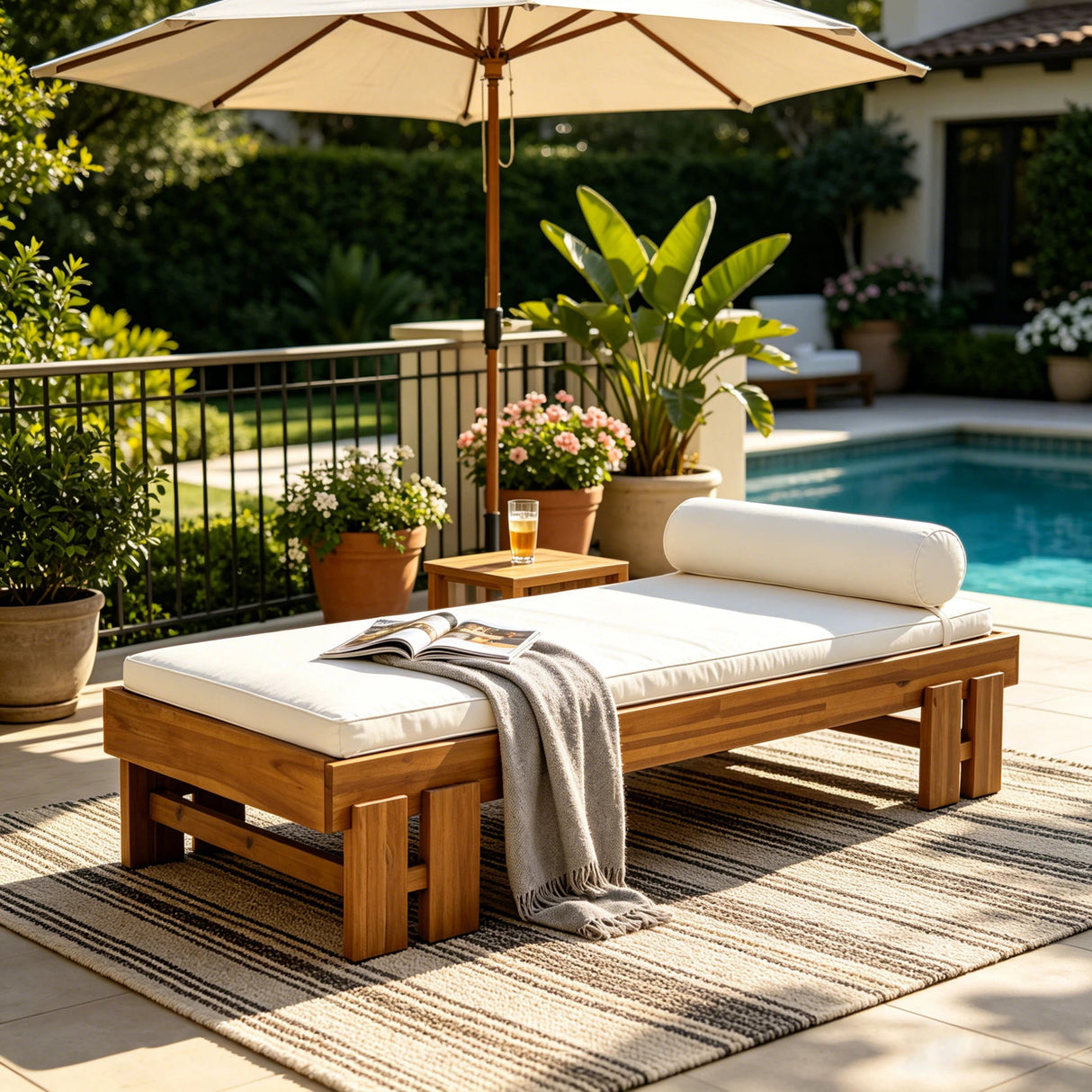 Daybed With Cushion & Pillow, Low Profile Design For Indoor / Outdoor Use - Cream / Teak