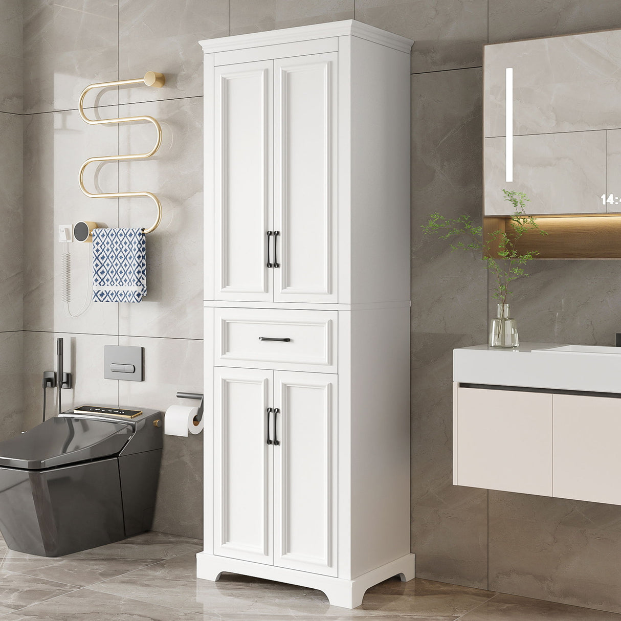 Freestanding Bathroom Vanity, Elegant Design With 4 Doors & 1 Drawer, Adjustable Shelves, Damping Hinges - White