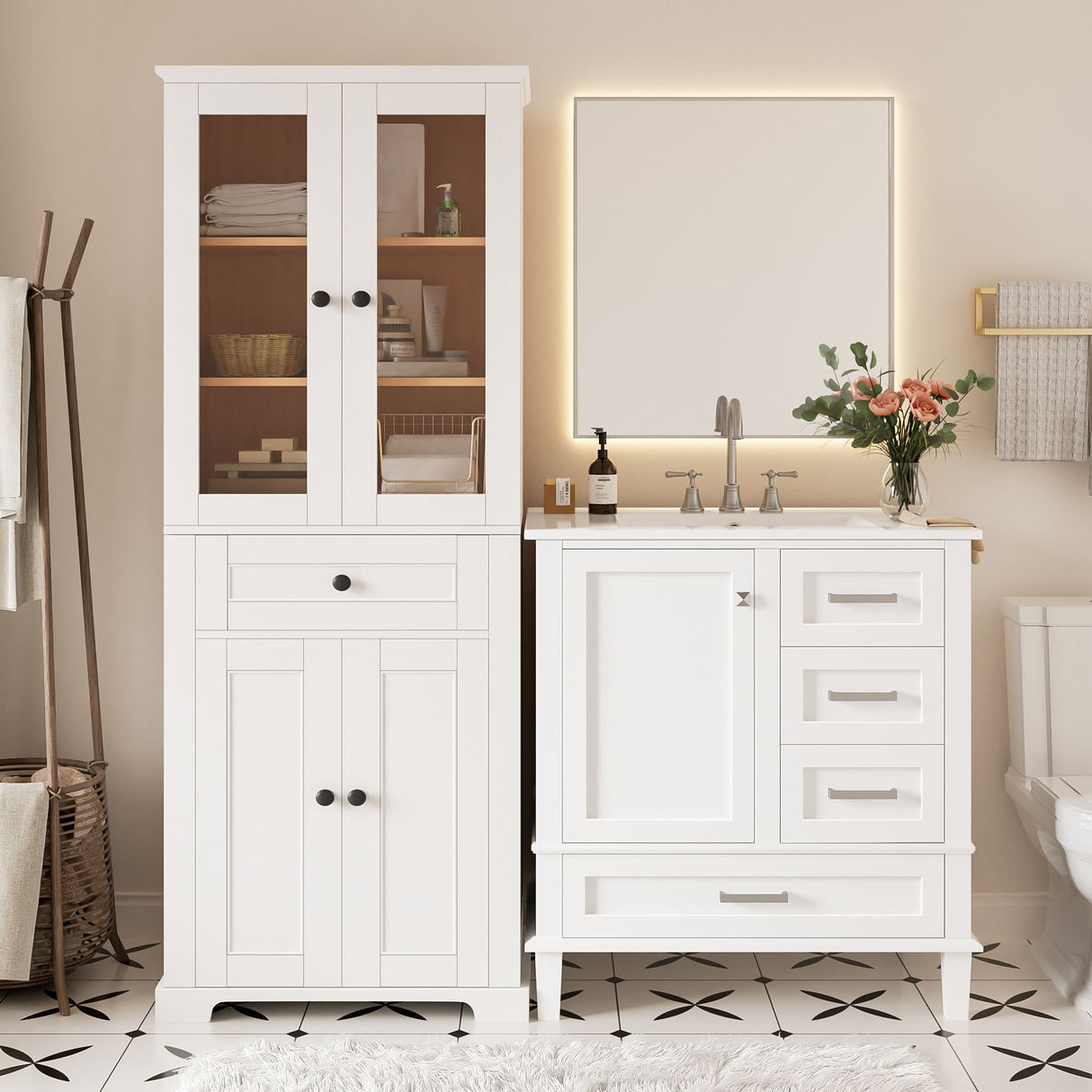 Bathroom Vanity & Tall Storage Cabinet Set With Doors, Adjustable Shelves, Soft Close Hinges, Sink