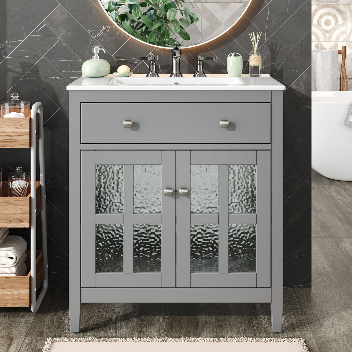 Bathroom Vanity With Ceramic Sink, Adjustable Shelf & Tip Out Tray