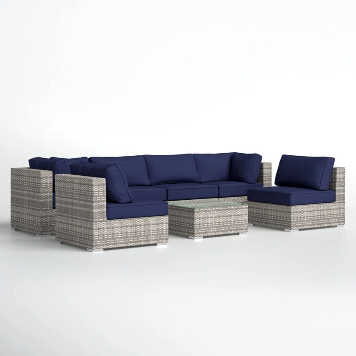 6 Person Patio Set With Premium Cushions And Rattan Wicker Frame - Dark Blue / Gray Mix