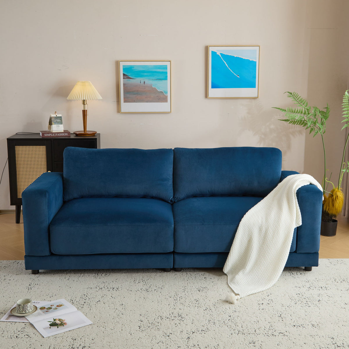 Modern Square Arm Sofa With Soft Fabric Upholstery, Deep Cushions