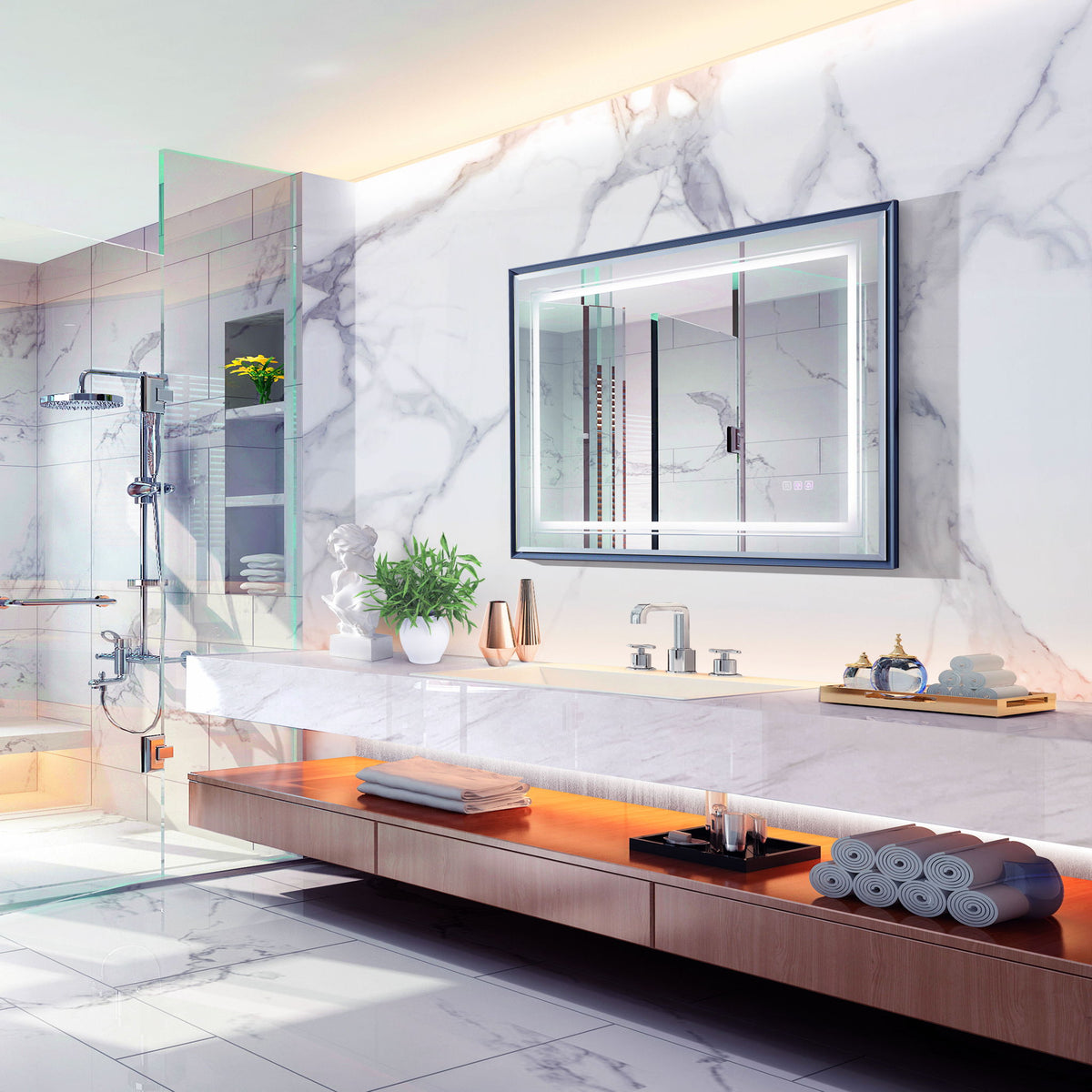 LED Bathroom Beveled Mirror, 3000 - 6000K Gradient Front And Backlit LED Mirror For Bathroom, 3 Colors Dimmable, Ip54 Enhanced Anti Fog