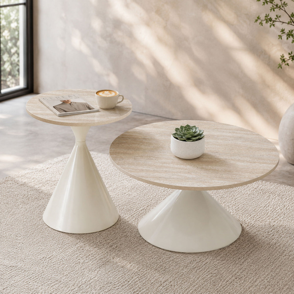 2 Piece Round Coffee Table Set - White