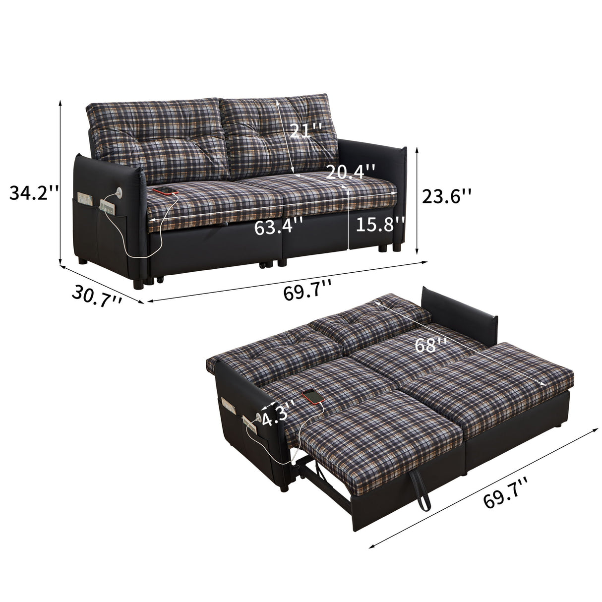 Sleeper Sofa, Expandable Sectional With Ottoman For Living Room - Black
