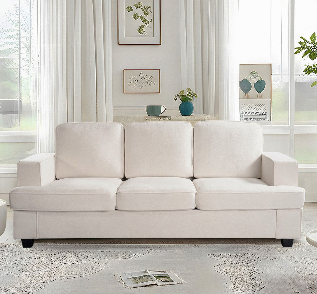 Modern Sofa, Comfortable 3 Seater Couch With Deep Seating, Loose Back Cushions, Wide Arms