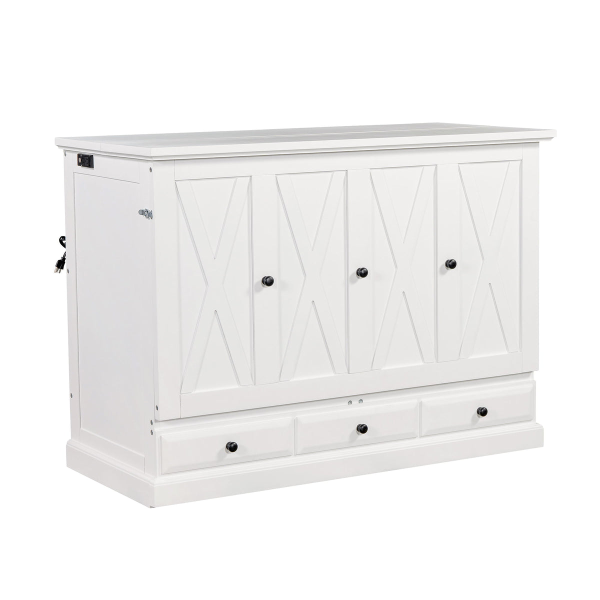 Full Solid Pine Murphy Bed Chest Cube Cabinet Bed With Charging Station And Large Storage Drawer For Home Office Or Small Room - White