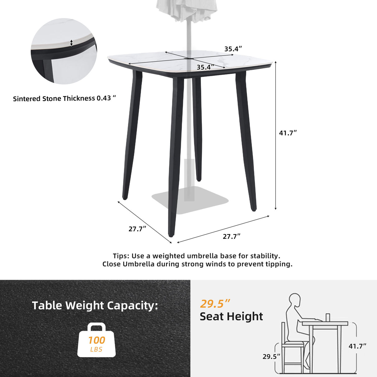 Outdoor Bar Table, Rounded Square Sintered Stone Top With Umbrella Hole, Rust Free Frame, Weatherproof - Ember Black / White
