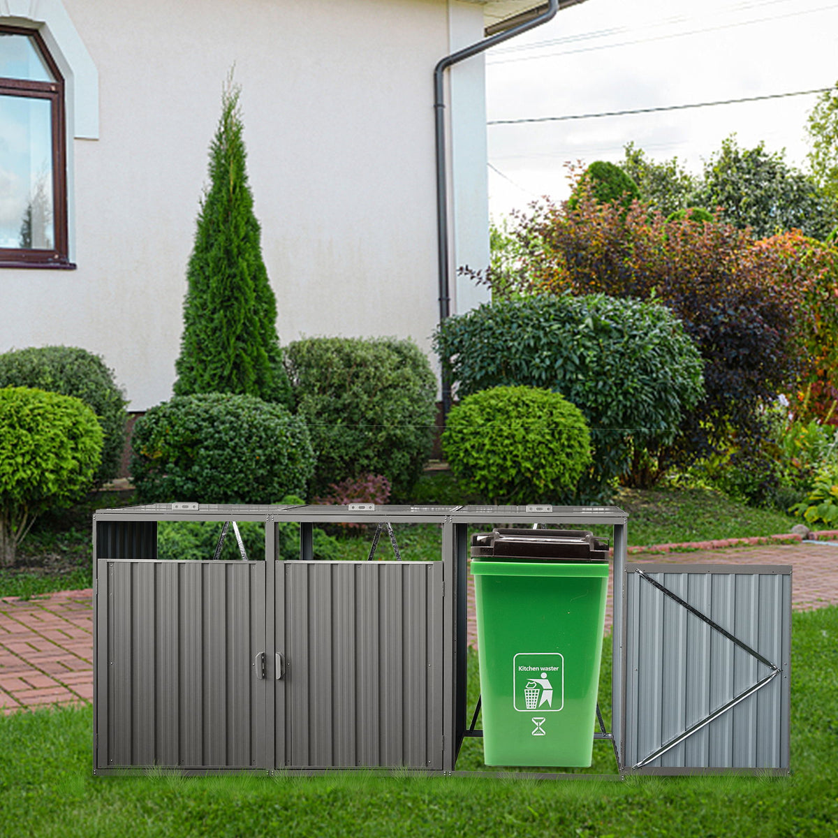 Garbage Bin Shed Stores 2 Trash Cans Metal Outdoor Bin Shed For Garbage Storage, Stainless Galvanized Steel, Bin Shed For Garden Yard Lawn