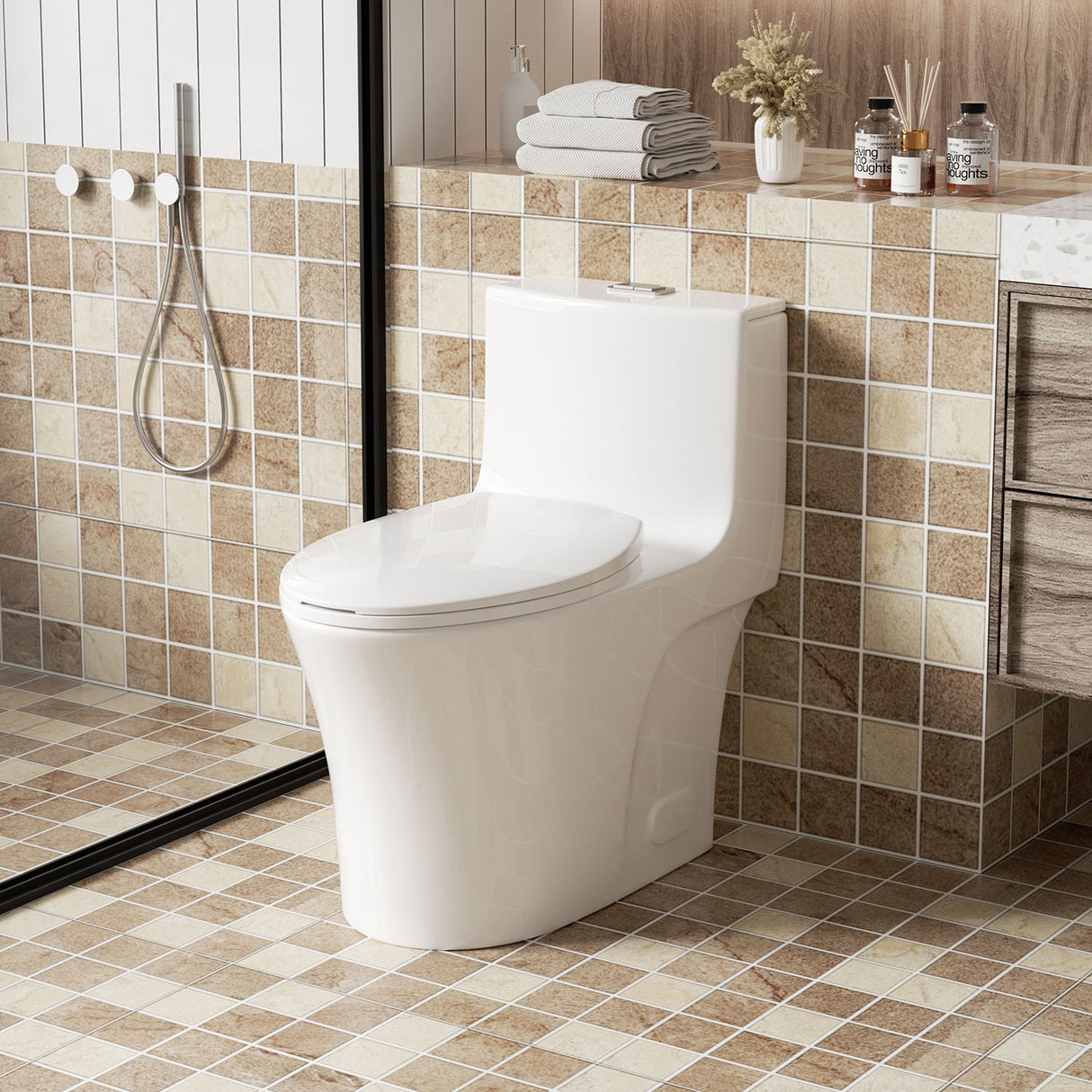 Elegant One Piece Toilet With Tornado Dual Flush, Siphonic S Trap 12", Soft Close Seat, Dual Flush, Ada Height, Glossy - Gloss White