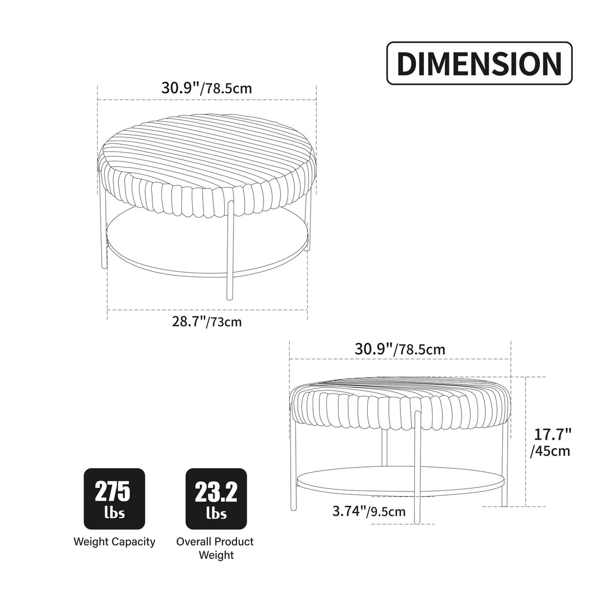Modern Upholstered Round Ottoman Coffee Table With Storage Shelf