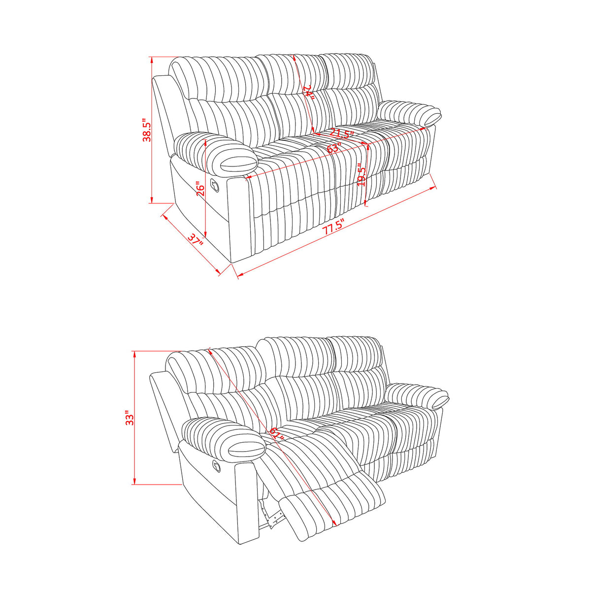 Brenda - Sofa With Manual Recline Function - Brown