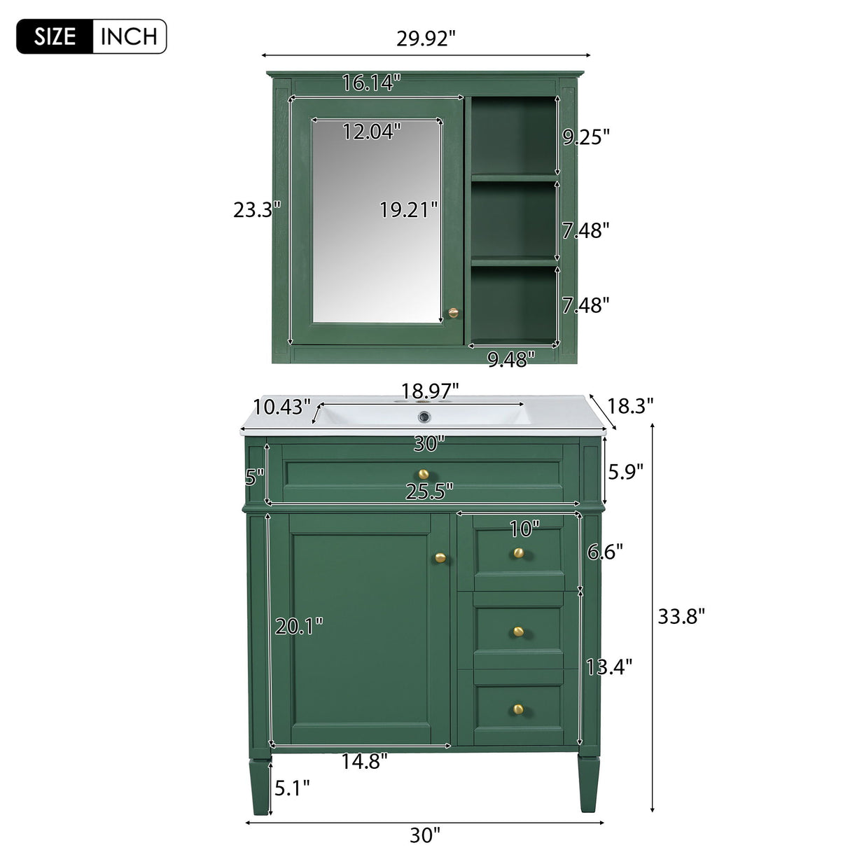 Bathroom Vanity With Top Sink, 2 Doors And 3 Drawers, Freestanding Set With Mirror Cabinet