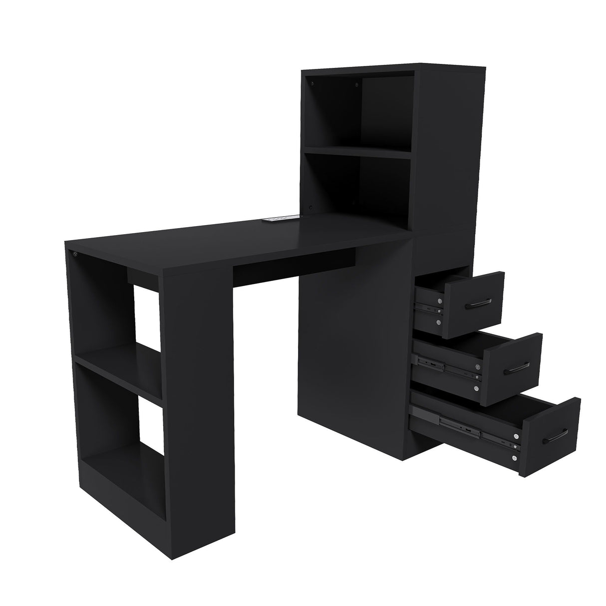 Computer Desk With 4 In 1 Socket & 3 Drawers, 4 Tier Shelves