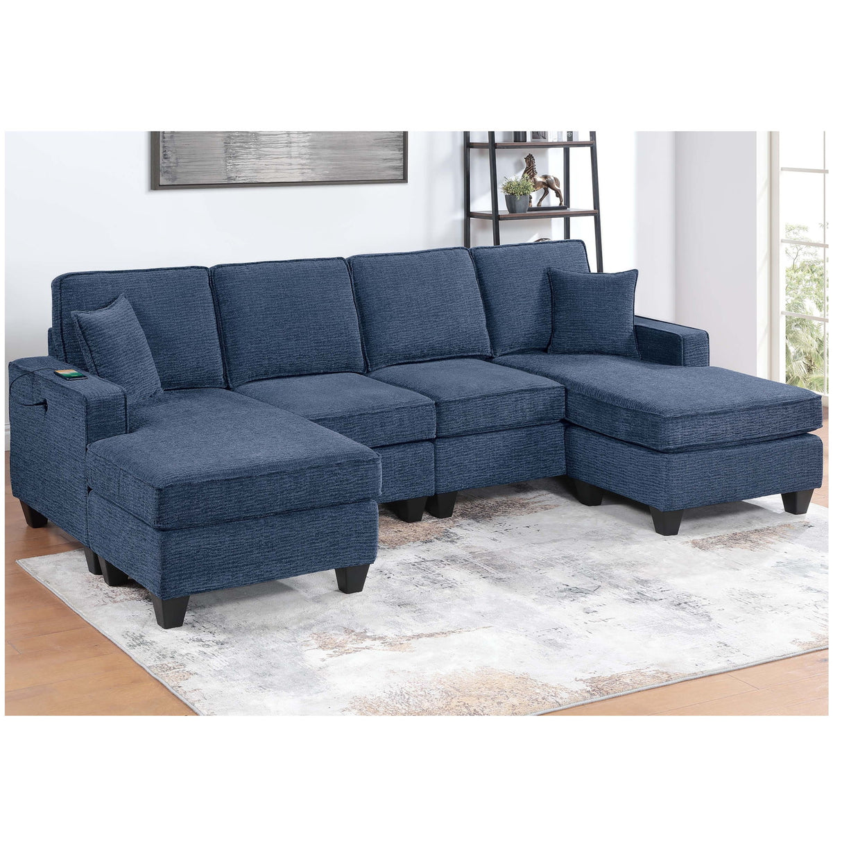Sectional Set With USB Port Right Arm Chaise, Armless Loveseat, Left Arm Chaise, 3 Piece, Includes Matching Pillows - Dark Blue