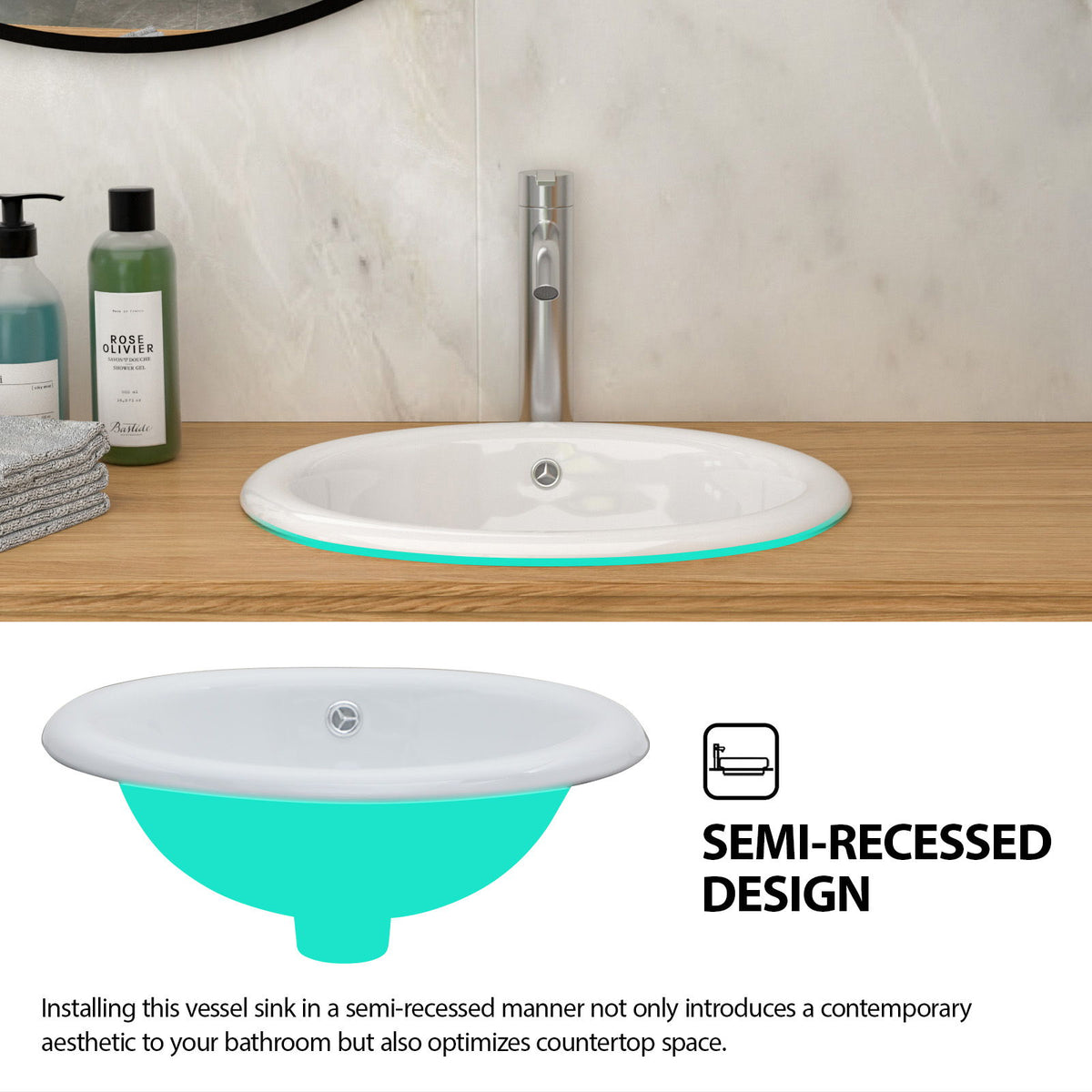 Semi Recessed Bathroom Sink With Countertop Vessel Design, 17" X 15.5" - White