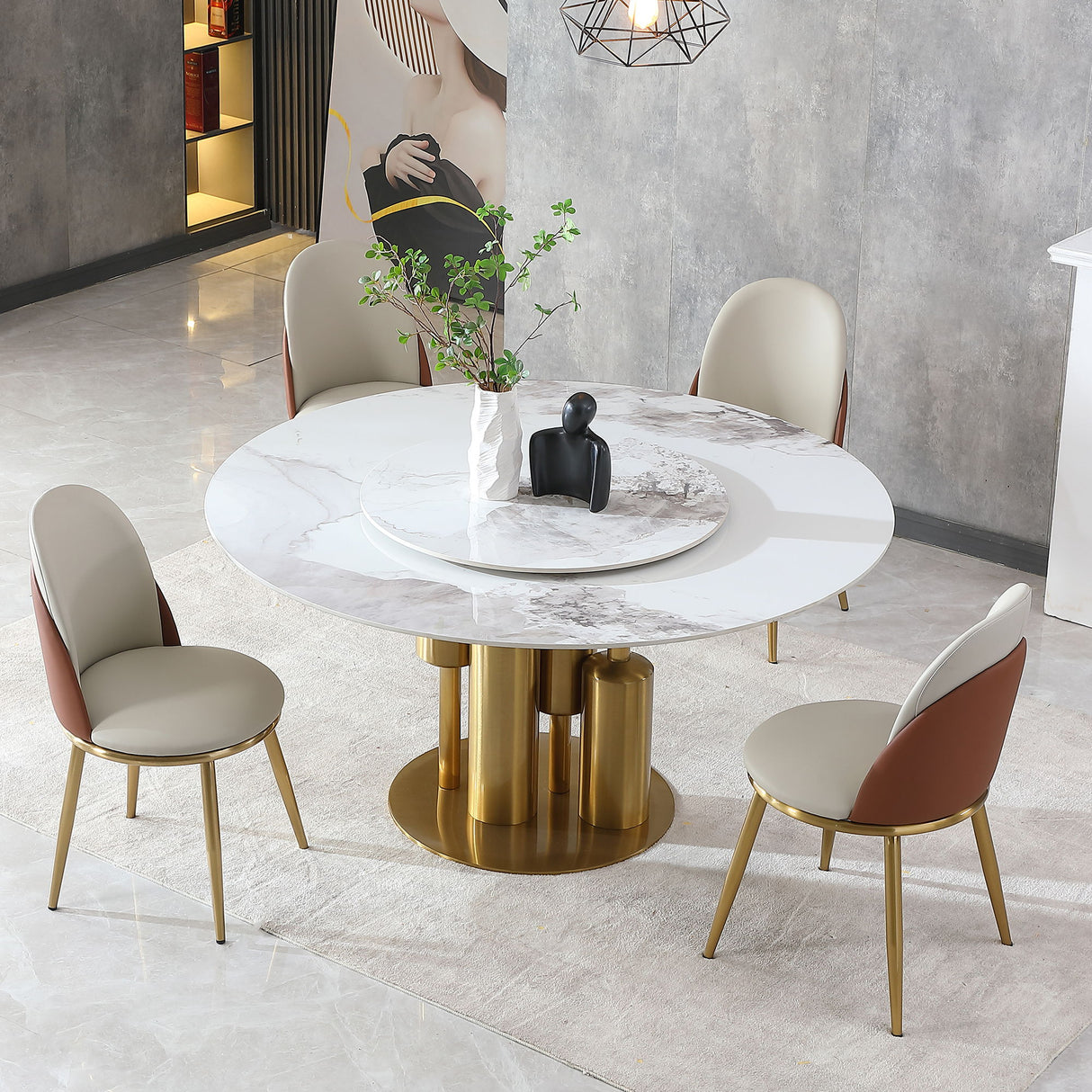 Dining Table, Round For Dining Room - Gold / Gold / White