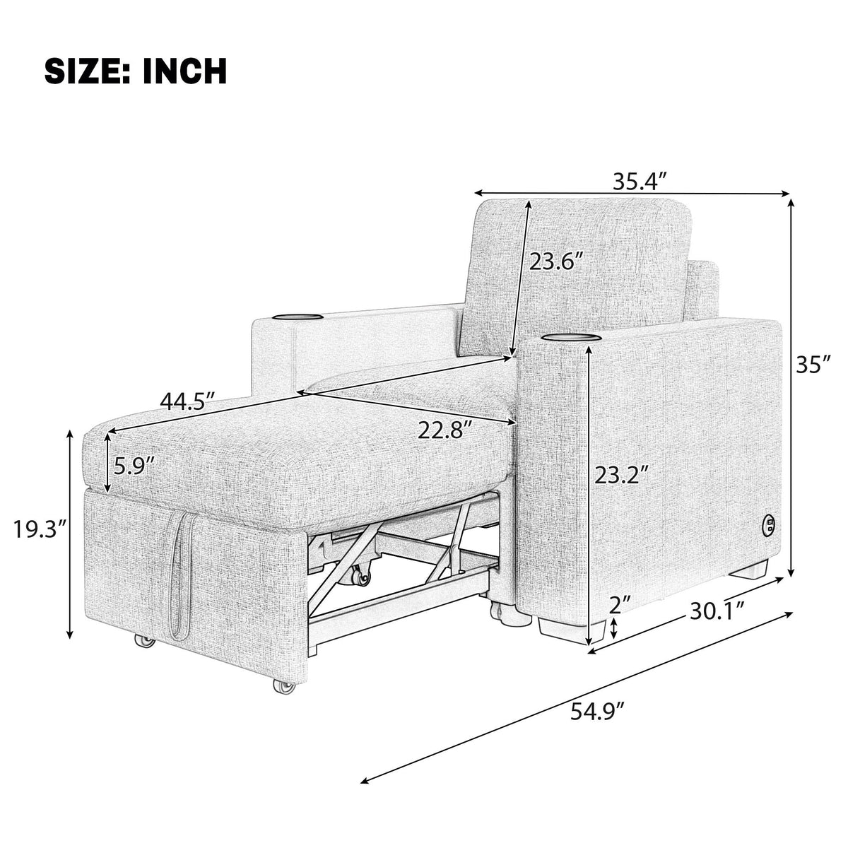 Single Pull Out Sofa Bed With USB Ports And Cup Holders