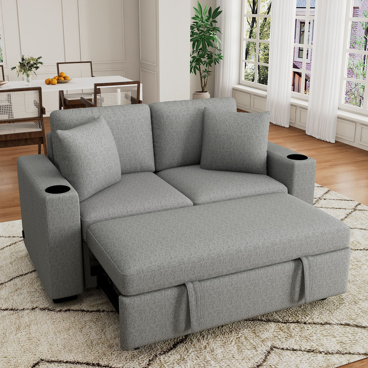 Modern 2 Seater Loveseat Sofa With Pull-Out Bed, Fabric, Built-In USB Ports & Cup Holders