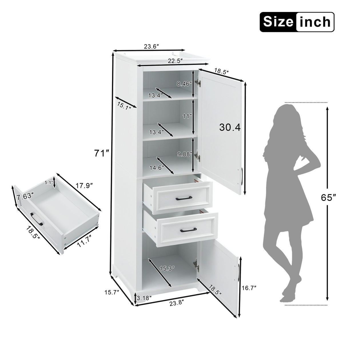 Freestanding Bathroom Vanity Tall With Damping Hinge Doors, Adjustable Shelves - White