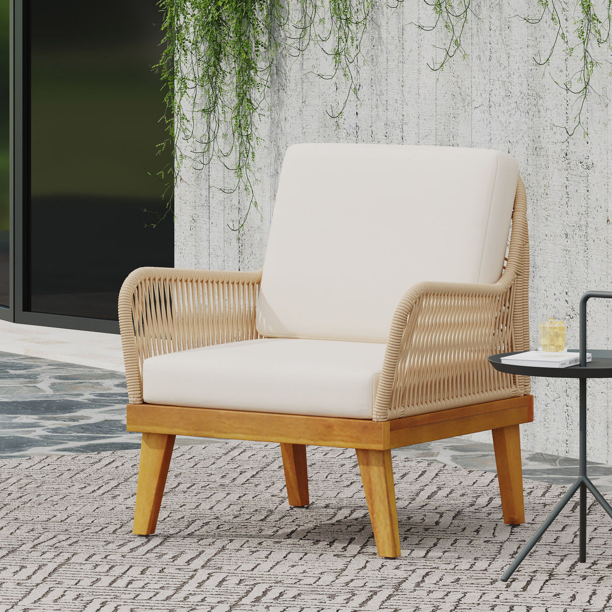 Outdoor Club Chair With Rope Weave Design - Teak