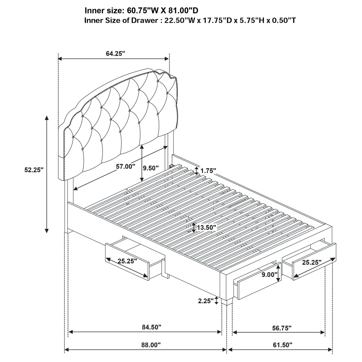 4 Drawer Upholstered Storage Bed With Button Tufting