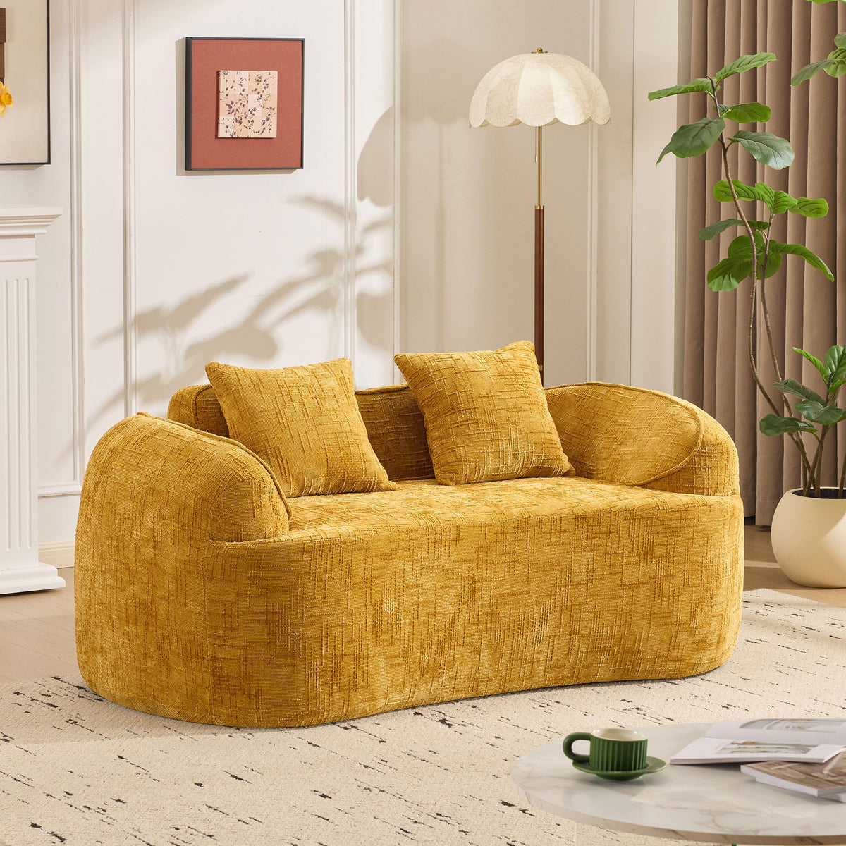 Curved 2 Person Compress Sofa With Armrests, Includes Pillows