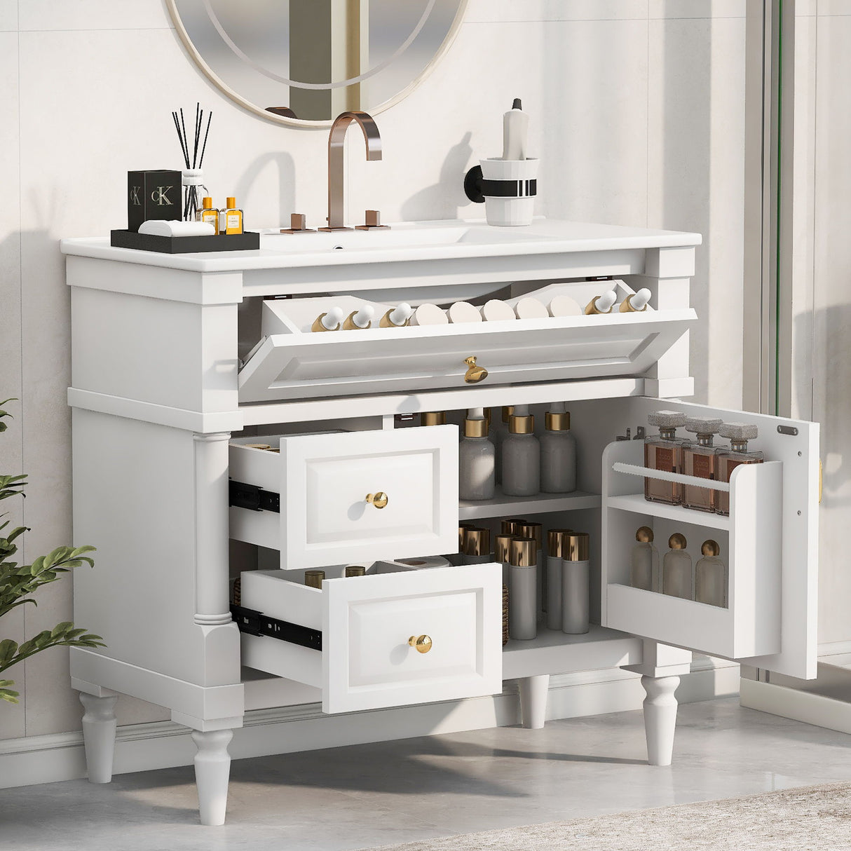 Freestanding Bathroom Vanity With Sink, Adjustable Shelf, Flip Drawer