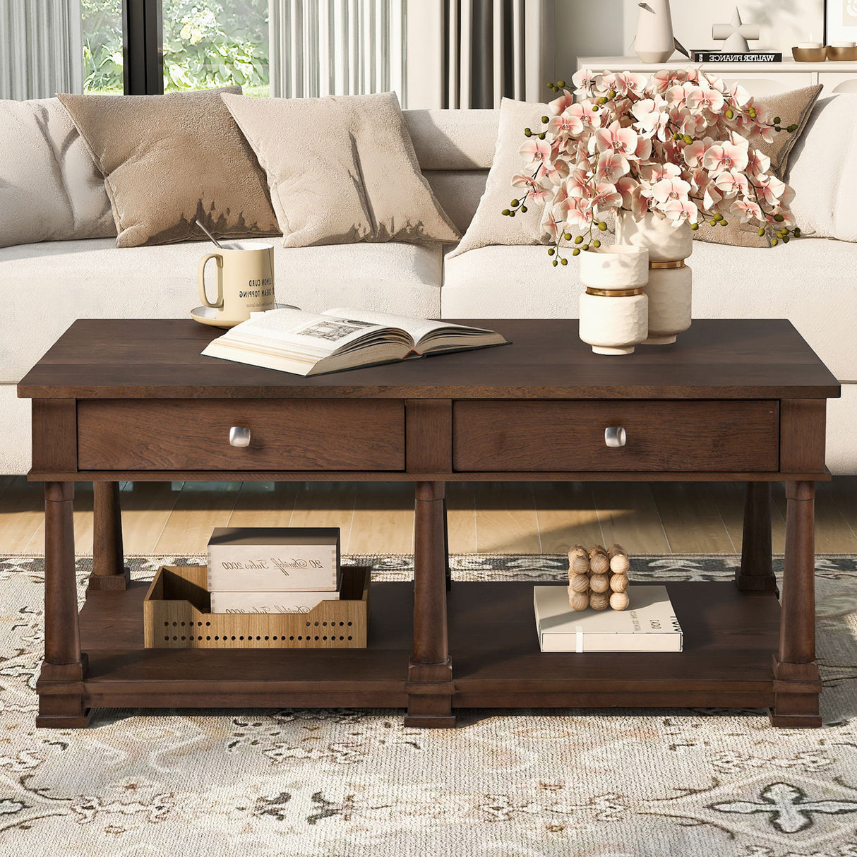 Coffee Table With 2 Storage Drawers & Lower Open Shelf