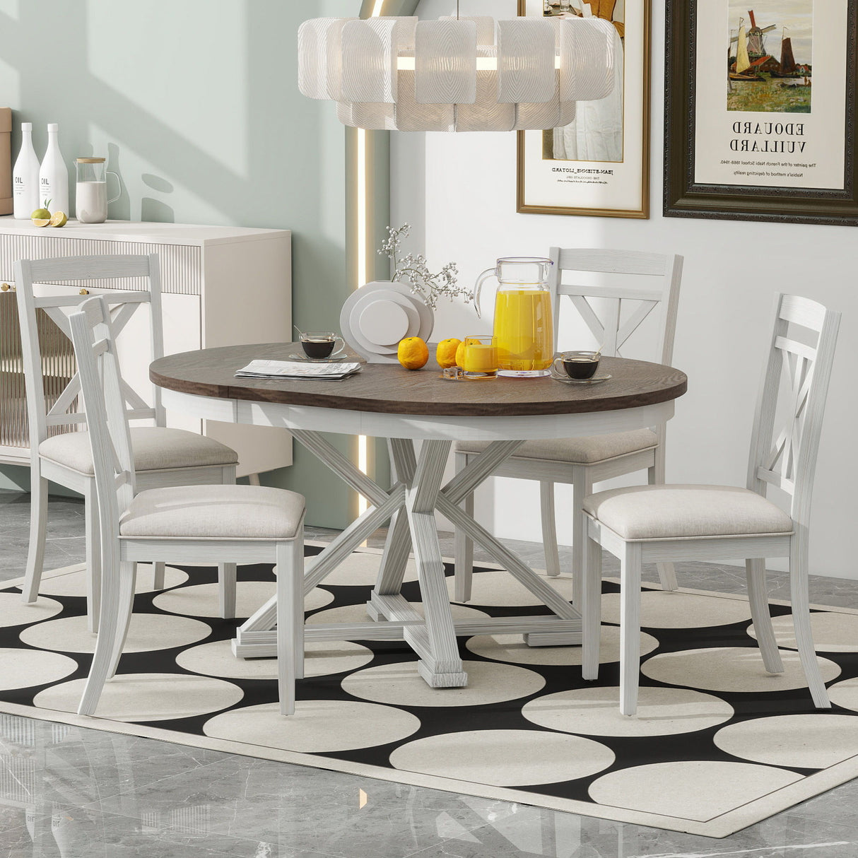 Dining Set With Extendable Round Table And 4 Upholstered Chairs