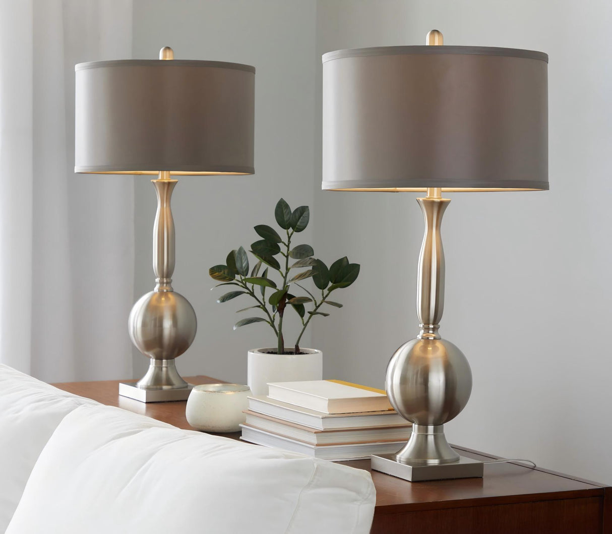 Joan - Contemporary Table Lamp (Set of 2) - Nickel / Gray Satin