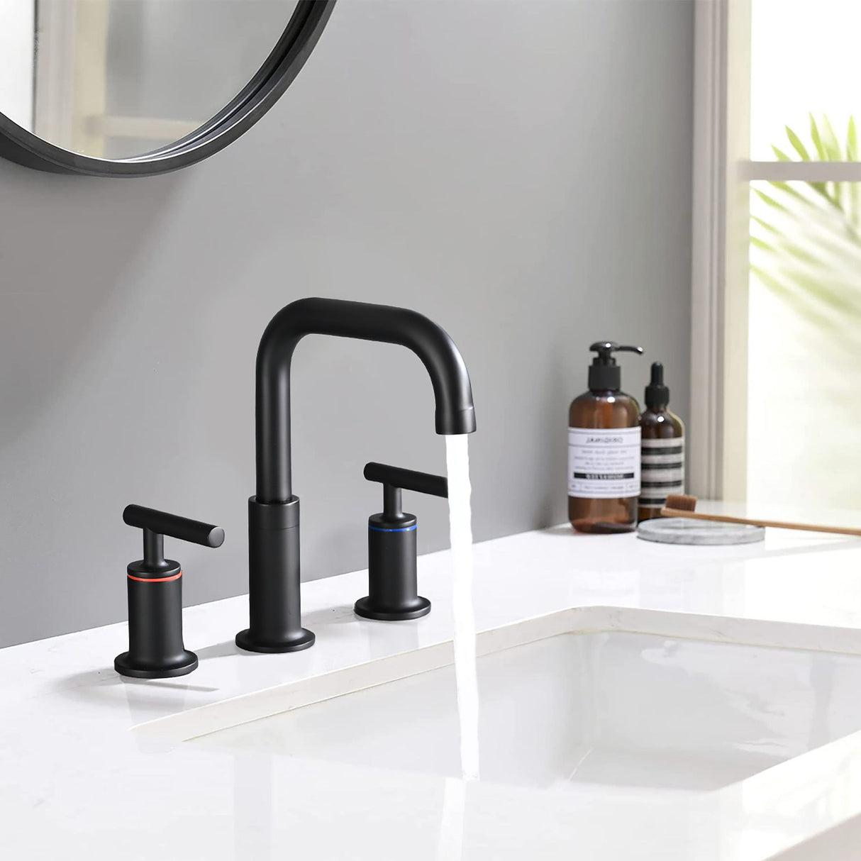 Widespread Bathroom Sink Faucet With Pop Up Drain And Brass Construction - Matte Black