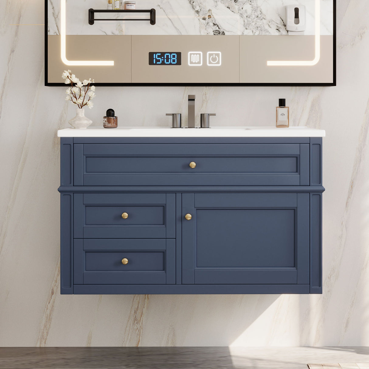 Modern Wall Mounted Floating Cabinet With Double Drawer And Sink