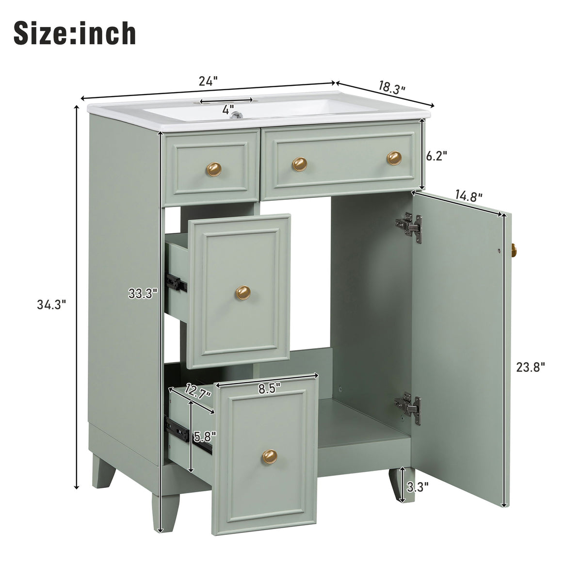 Transitional Style Bathroom Vanity Cabinet With Ceramic Sink