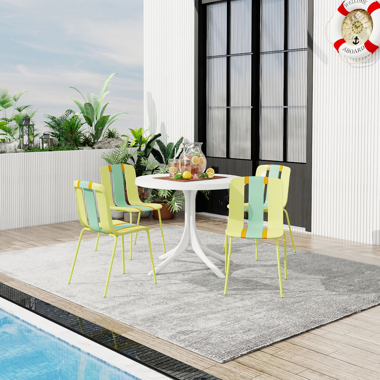 4 Piece Set Of Color Block Designed Single Chairs With Round Table - Grain Yellow / Haze Green / Tropical Orange / White