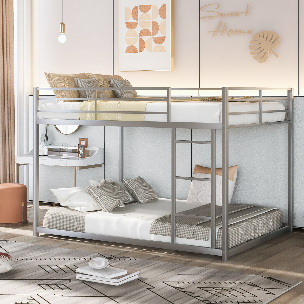 Full Over Full Metal Bunk Bed, Low Bunk Bed With Ladder - Silver