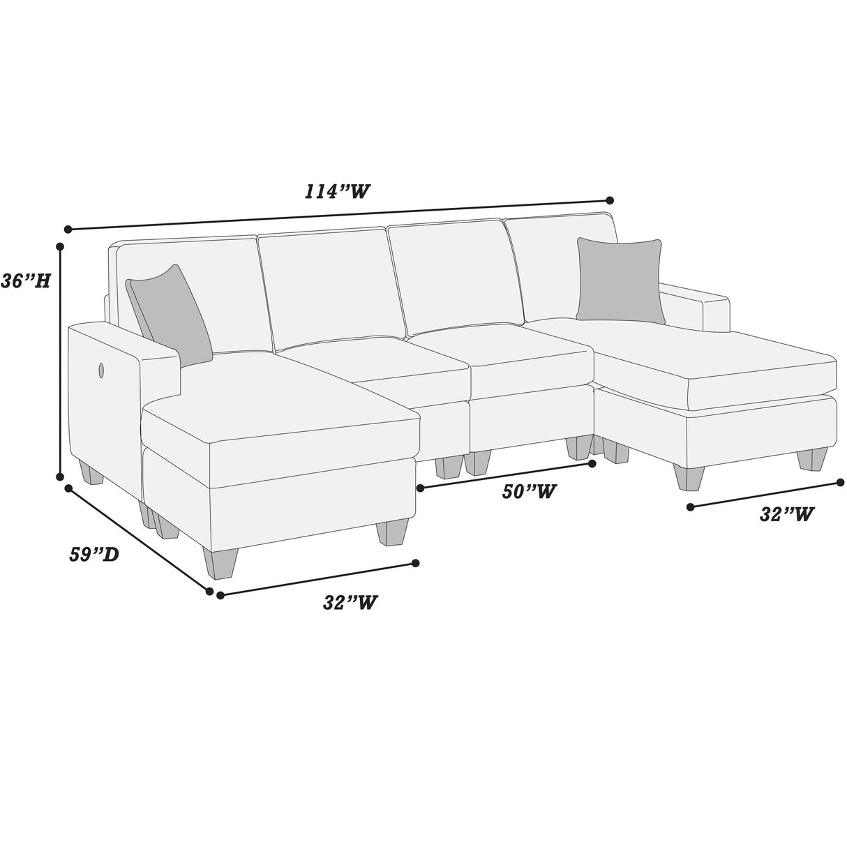 Sectional Set With USB Port Right Arm Chaise, Armless Loveseat, Left Arm Chaise, 3 Piece, Includes Matching Pillows - Dark Blue